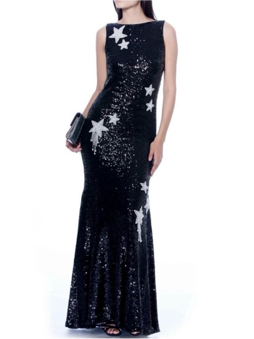 Theia Black Sequin Maxi Gown with Silver Star Appliqués